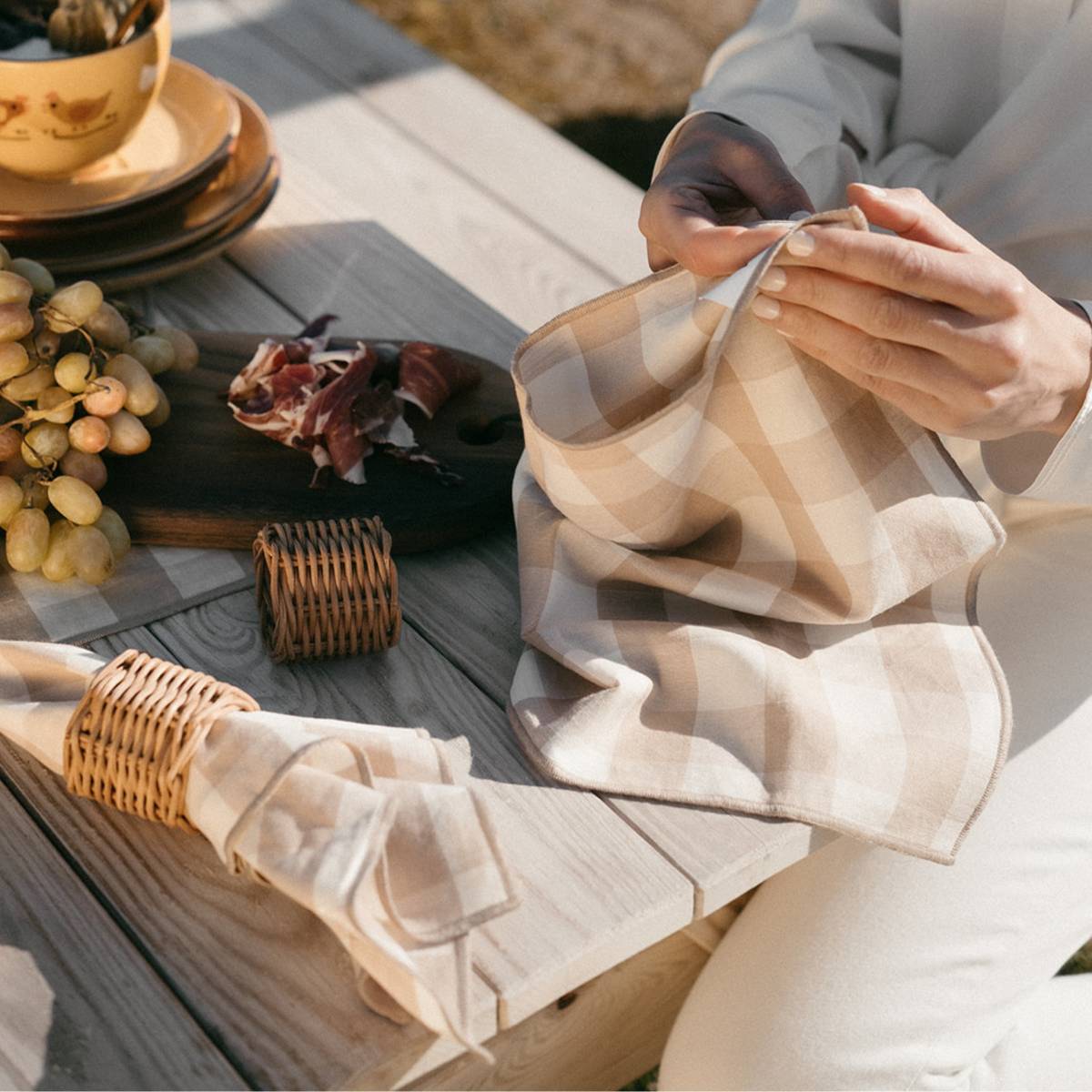 Set de 2 servilletas de mesa beige de lino vichy