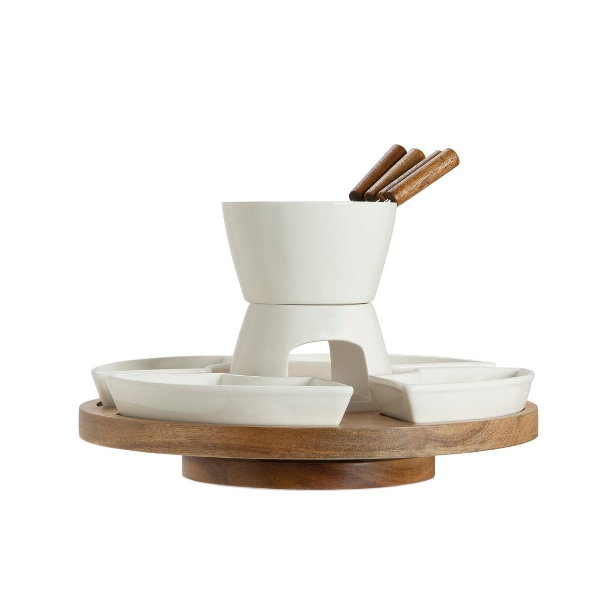 Fondue giratoria de porcelana y acacia de 4 piezas