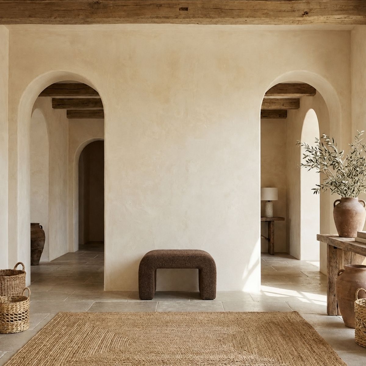 Taburete tapizado marrón de diseño curvo en salón de estilo mediterráneo