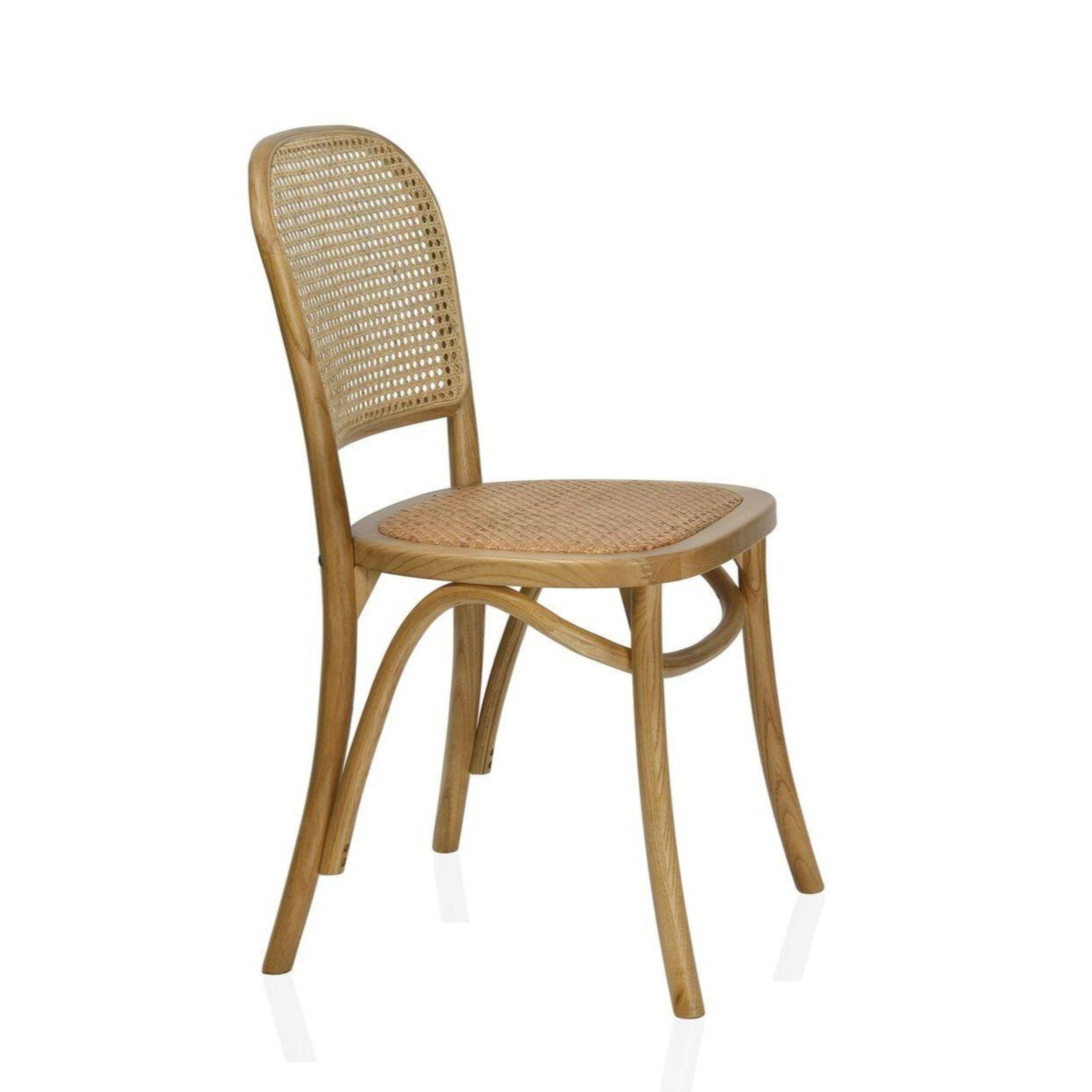 Silla de comedor vintage marrón de madera y rattan