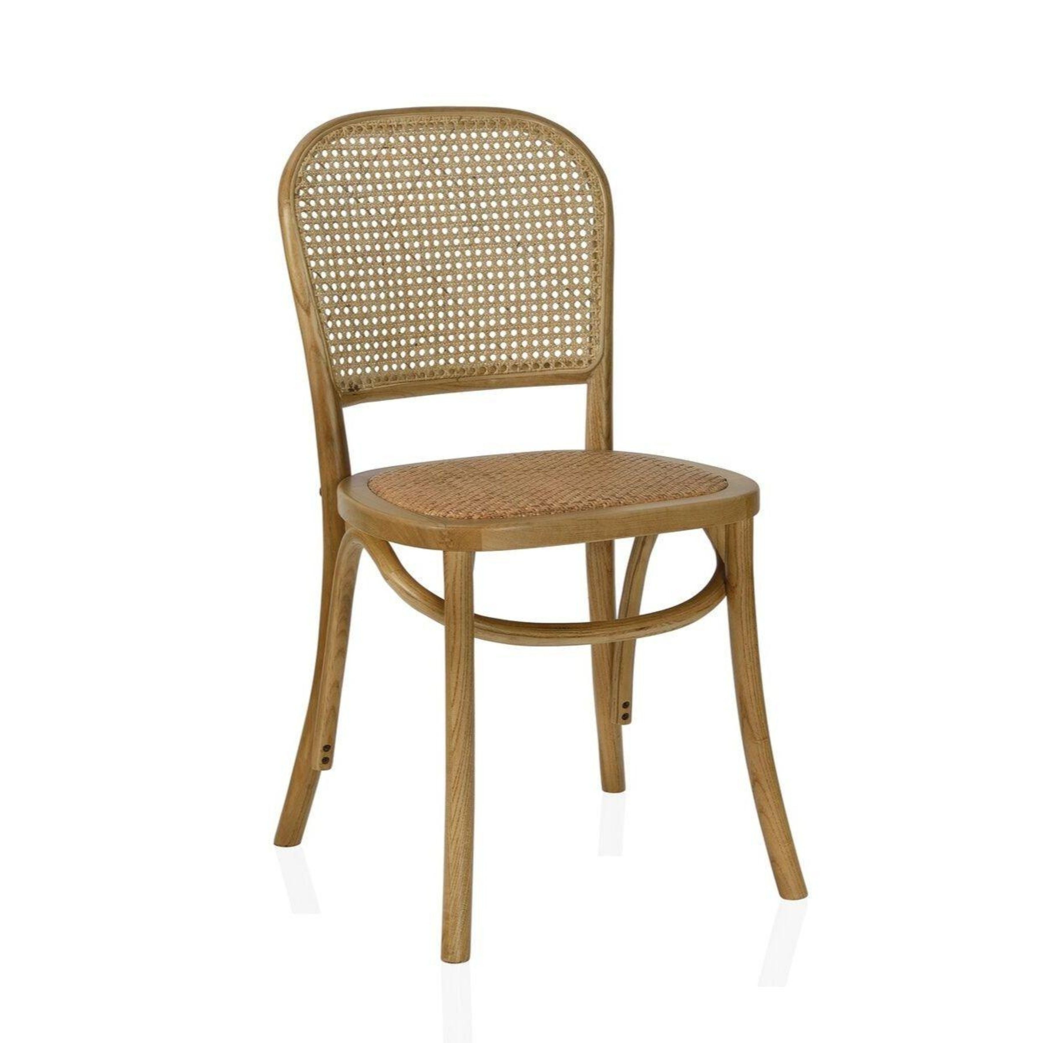 Silla de comedor vintage marrón de madera y rattan