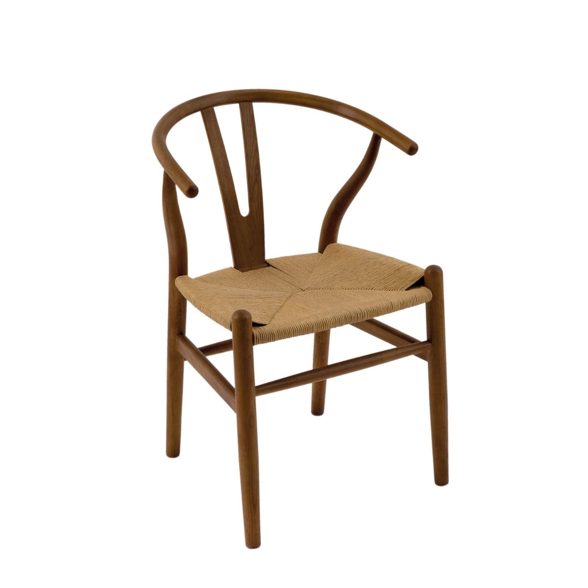 Silla de comedor de madera con asiento de fibra trenzada vista en perspectiva